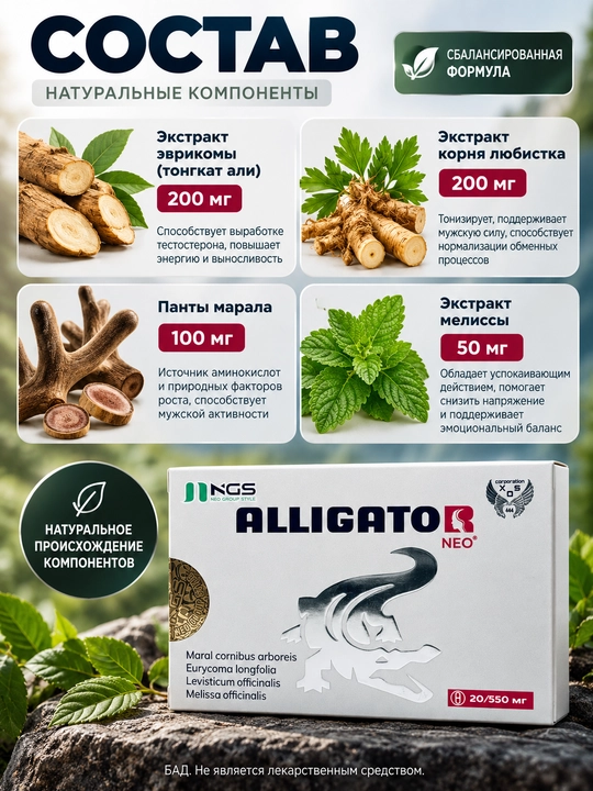 Капсулы для мужского здоровья Alligator Neo (Аллигатор Нео), 20 капсул 550 мг