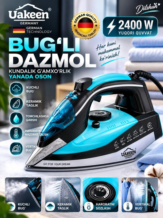 UAKEEN 2400W keramik tagcharmli bug‘li dazmol 370 ml yuqori quvvatli vertikal bug‘lash - 