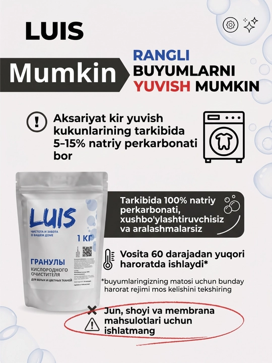 Кислородный пятновыводитель, отбеливатель, очиститель Luis