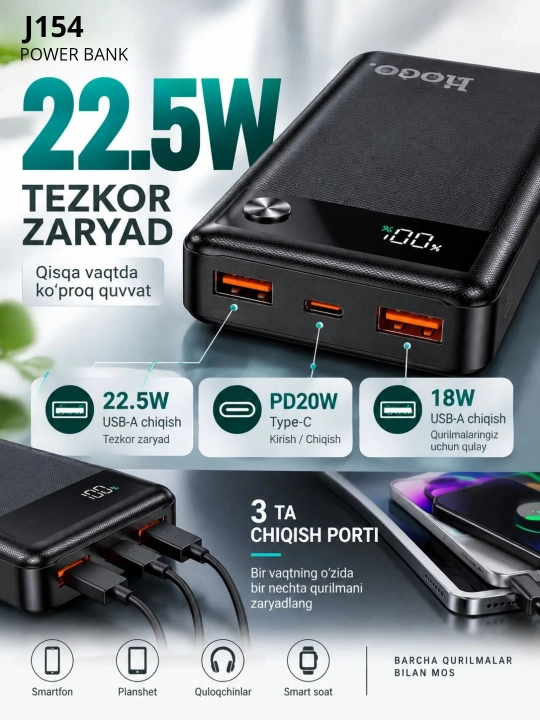 Повербанк Hoco J154 J158 Pro 10000 мАч, 22,5 Вт, PD20W, быстрая зарядка