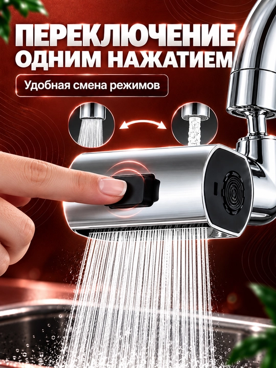 Аэратор для смесителя, 4 режима работы, вращение на 360°, ABS, хром, Clean Space