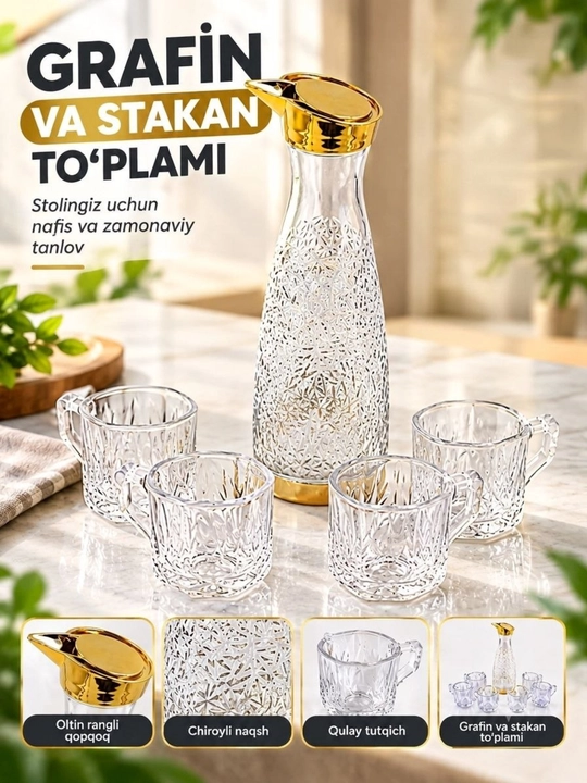 Grafinlar to‘plami va 4 ta stakan, shisha idishlar - 
