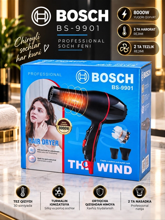 BOSCH BS-9902 fen, 8000W kuchli professional soch quritgich, Issiq-Sovuq havo, 2 Nasadkali
