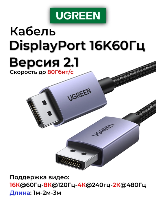Кабель UGREEN DisplayPort 2.1 16K60Гц 80Гбит/c DP131 - 