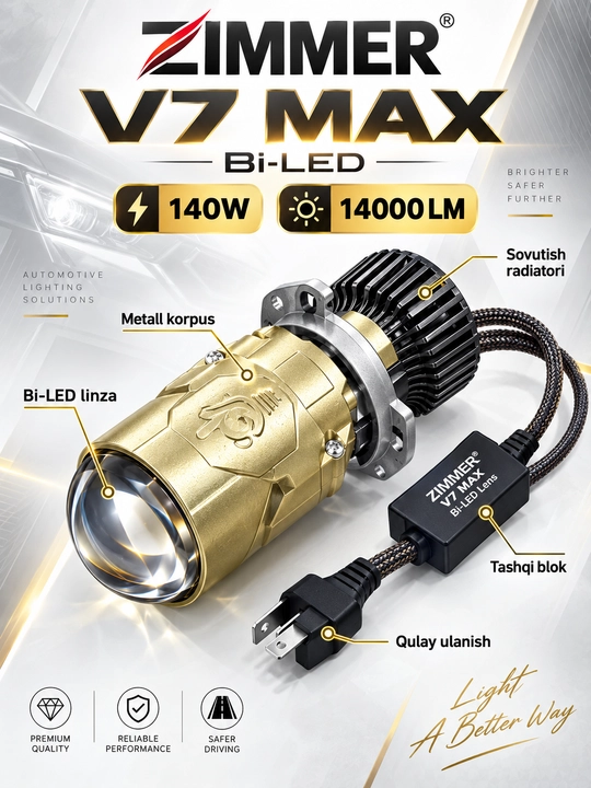 ZIMMER V7 MAX Bi-LED linzalar to‘plami, 140 Vt, 14000 Lm, yorqin nur, oson o‘rnatish - 