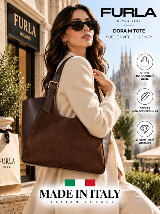 Ayollar sumkasi Furla Dora M Tote, zamsh va tabiiy charm, jigarrang