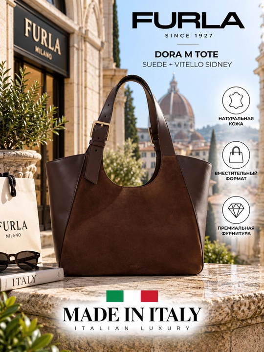 Ayollar sumkasi Furla Dora M Tote, zamsh va tabiiy charm, jigarrang - 