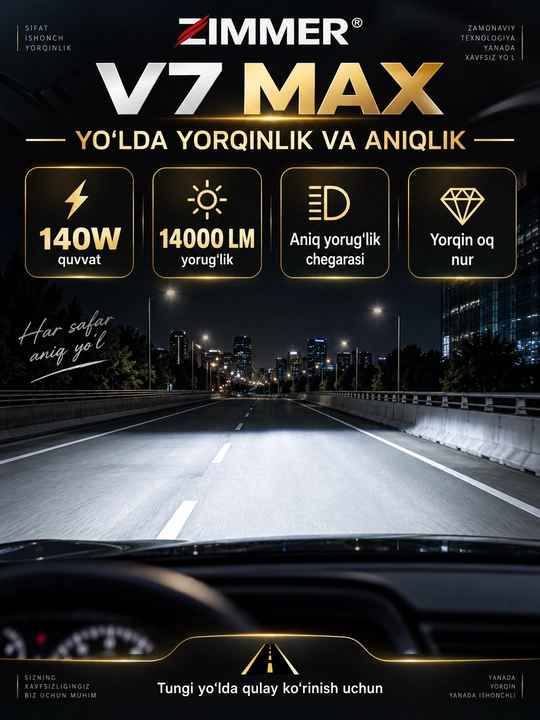 ZIMMER V7 MAX Bi-LED linzalar to‘plami, 140 Vt, 14000 Lm, yorqin nur, oson o‘rnatish