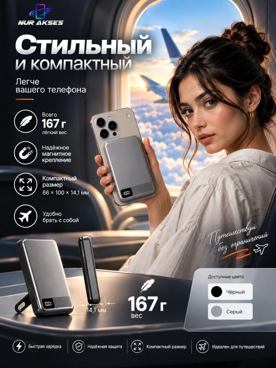 Повербанк Магсаейф 10.000 mAh— магнитный беспроводной аккумулятор компактный Type-C - 