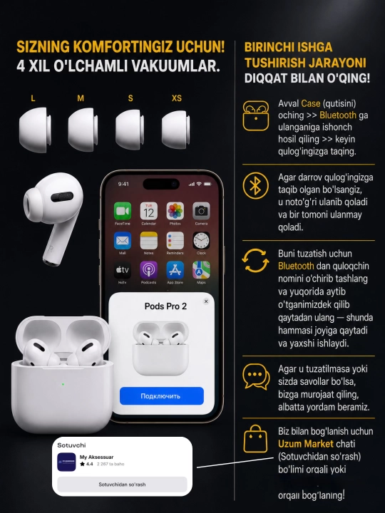 Simsiz quloqchin Pro 2 sensorli iPhone va Android uchun bluetooth naushnik