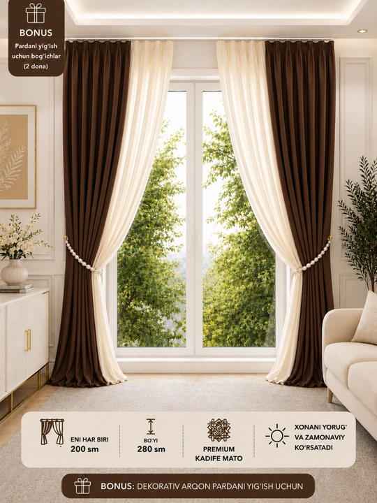 Premium karsajli parda 200×280 sm, dekorativ bog‘ich bonus - 