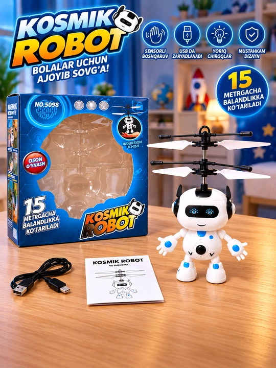 Uchuvchi kosmik robot, sensorli boshqaruv, USB quvvatlash, yorug‘lik effektlari bilan