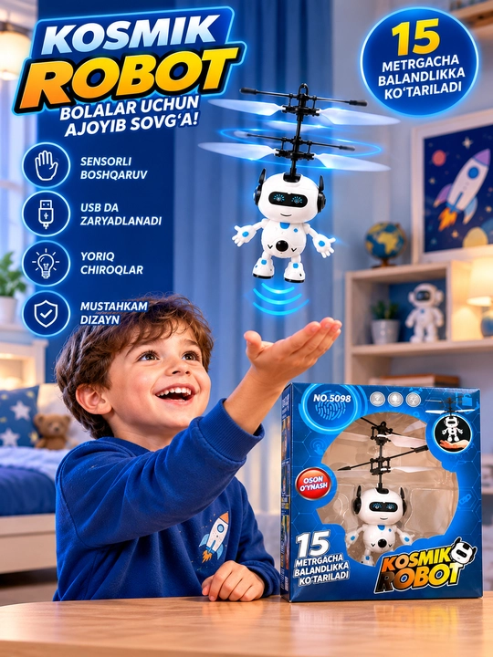 Uchuvchi kosmik robot, sensorli boshqaruv, USB quvvatlash, yorug‘lik effektlari bilan