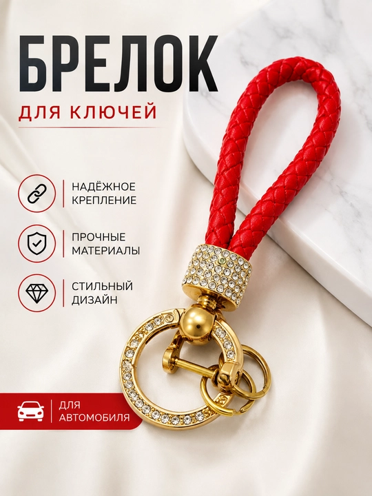 Женский брелок для ключей со стразами и плетёным ремешком - 