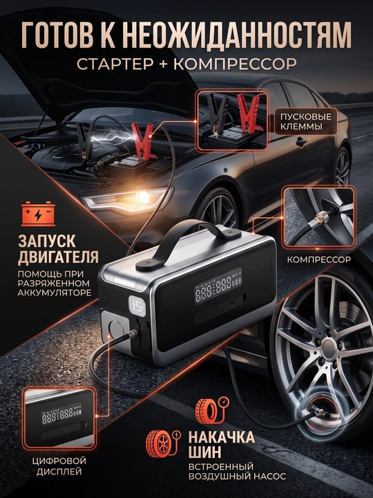 Повер банк Yesido YC13 8 в 1, стартер, автокомпрессор, LED фонарь, 10000 мАч