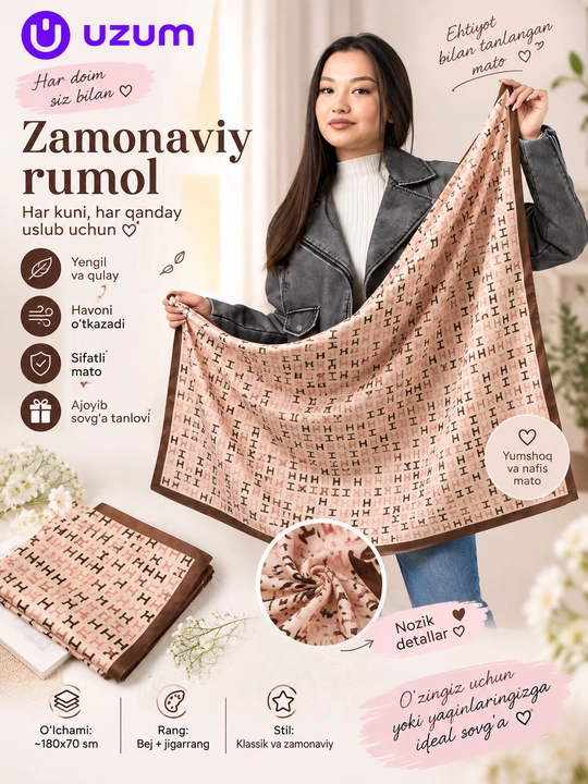 Bosh ro‘mol - bo‘yin, ipak, ayollar ipak ro‘molchasi, sharf, hijob - 