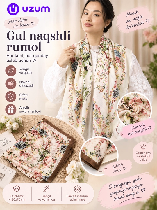 Bosh ro‘mol - bo‘yin, ipak, ayollar ipak ro‘molchasi, sharf, hijob - 