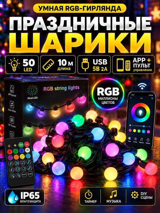 Умная RGB гирлянда-шарики 10 м 50 LED с пультом и управлением через приложение - 