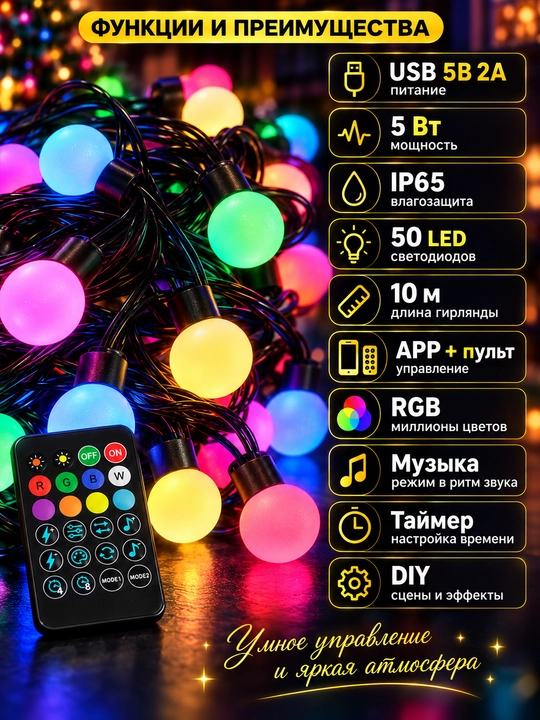 Aqlli RGB sharikli girlyanda 10 m 50 LED pult va ilova orqali boshqaruv bilan