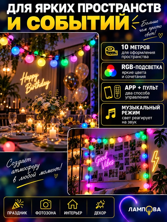 Aqlli RGB sharikli girlyanda 10 m 50 LED pult va ilova orqali boshqaruv bilan