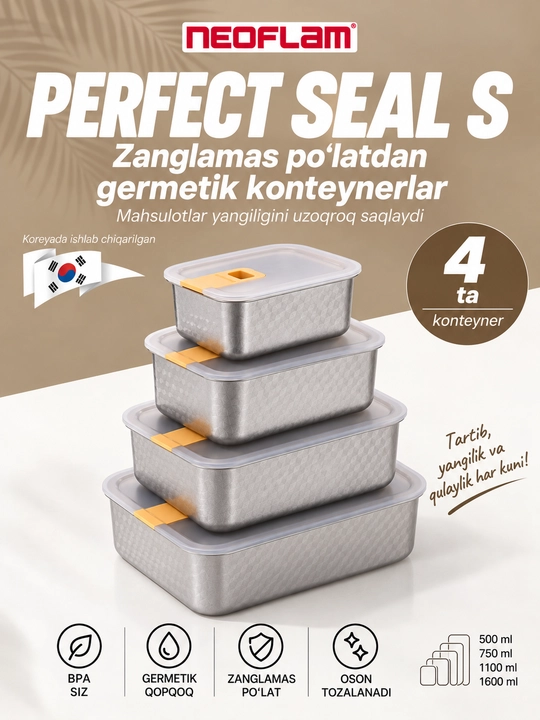 NEOFLAM PERFECT SEAL S Zanglamaydigan po‘lat oziq-ovqat konteynerlari, 4 ta to‘plam - 