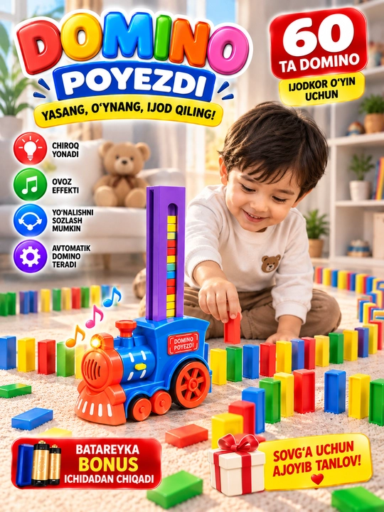 60 ta toshli domino parovozi, dominolarni avtomatik joylashtirish, yorug‘lik va ovoz bilan