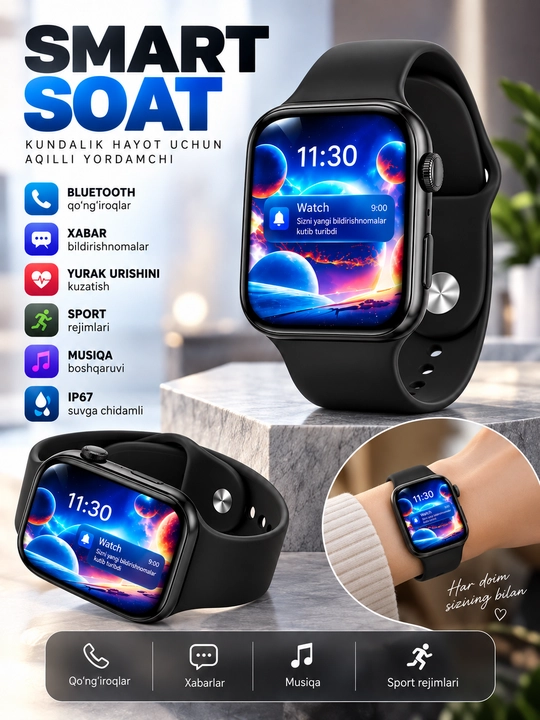 Aqlli soatlar Smart Watch 8 Big T800 Pro Max,Android iPhone uchun, simsiz zaryadlash