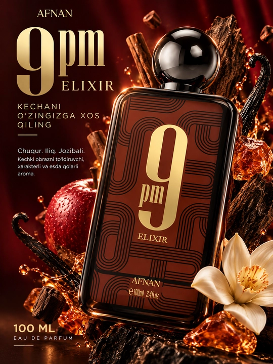 Erkaklar va ayollar uchun parfumlangan suv, Afnan Perfumes 9 PM Elixir, Shveytsariya - 