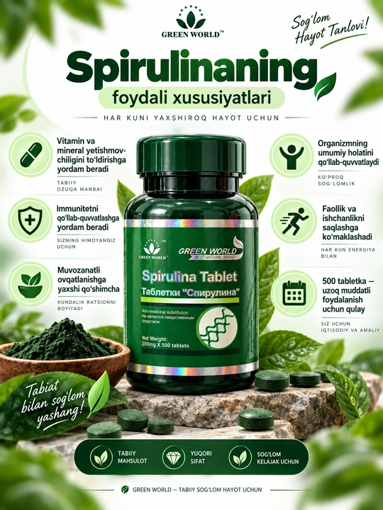 Spirulina Tablet, БАД на основе спирулины, источник витаминов и минералов, 500 таблеток