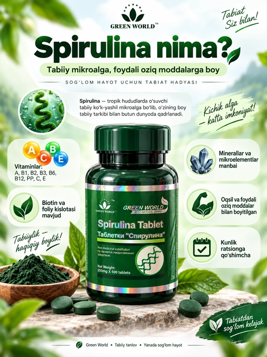 Spirulina Tablet, БАД на основе спирулины, источник витаминов и минералов, 500 таблеток