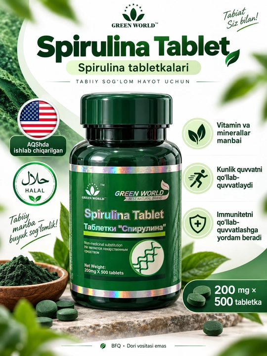 Spirulina Tablet, БАД на основе спирулины, источник витаминов и минералов, 500 таблеток