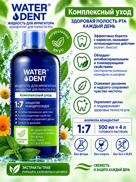 WATER DENT irrigator suyuqligi - og‘iz bo‘shlig‘i uchun konsentrat, 500 ml, 1:7 - 