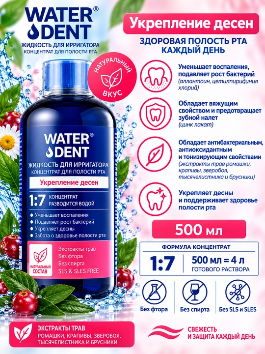 WATER DENT irrigator suyuqligi - og‘iz bo‘shlig‘i uchun konsentrat, 500 ml, 1:7 - 
