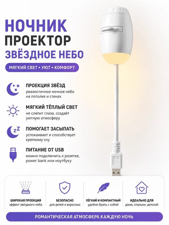 Ночник-проектор звёздного неба с 12 линзами USB - 