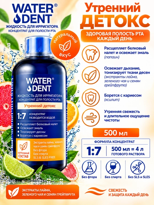 WATER DENT irrigator suyuqligi - og‘iz bo‘shlig‘i uchun konsentrat, 500 ml, 1:7 - 