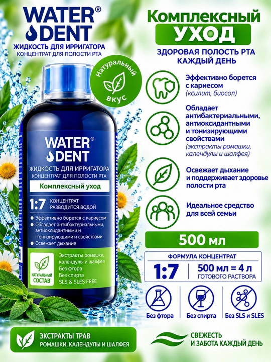 WATER DENT irrigator suyuqligi - og‘iz bo‘shlig‘i uchun konsentrat, 500 ml, 1:7 - 