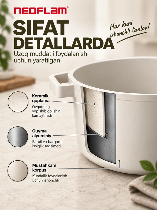 NEOFLAM FIKA shisha qopqoqli, 3,8–5.4 litrli, quyma alyuminiy qozon, induksion