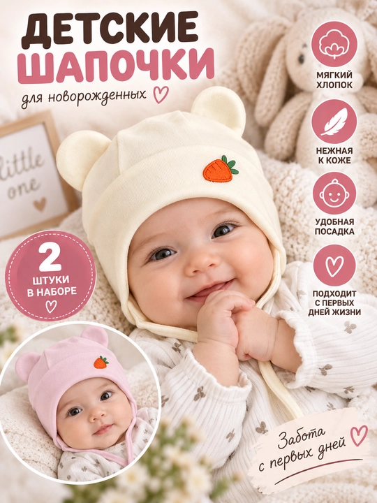 Детские шапочки для новорождённых, 2 шт. в наборе, подойдут малышам от 3 до 18 месяцев - 