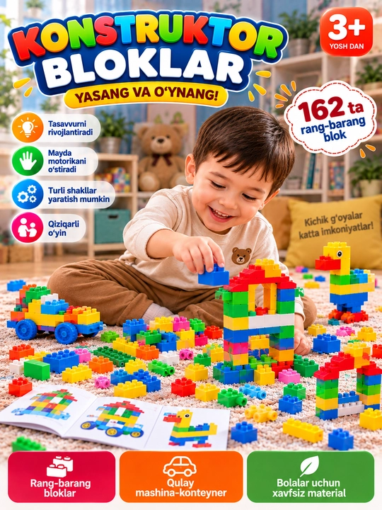 Konstruktor bloklar, 162 qismli rang-barang to‘plam, mashina-konteynerda, 3+ yosh