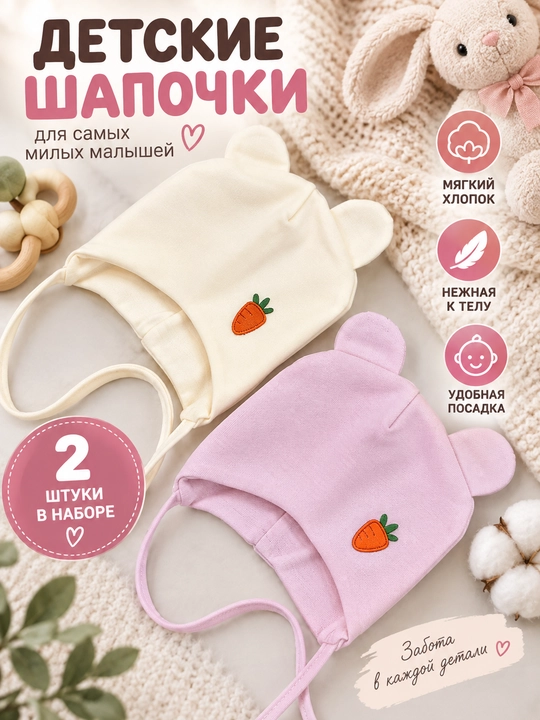 Детские шапочки для новорождённых, 2 шт. в наборе, подойдут малышам от 3 до 18 месяцев