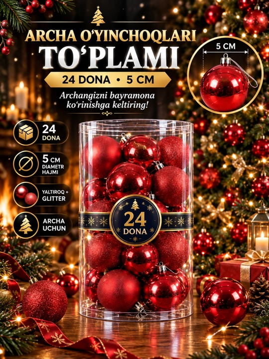 Archa o‘yinchoqlari to‘plami, 24 dona, 5 sm, silliq va yaltiroq plastik sharchalar - 