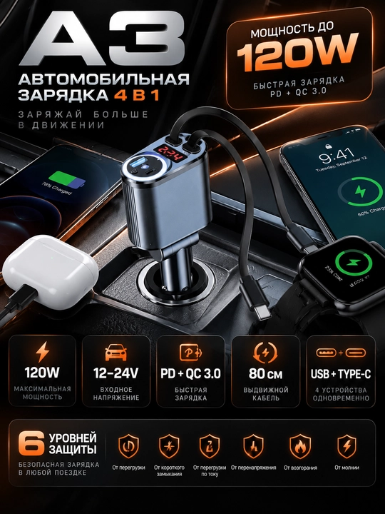 A3 — автомобильное зарядное устройство 4 в 1, 120 Вт, PD/QC 3.0, 12–24 В - 