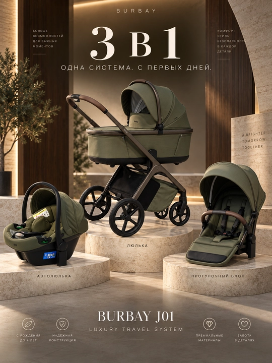 BURBAY J01 Luxury 3 in 1 bolalar aravachasi, beshik, sayr bloki va avtokreslo, 22 kg gacha