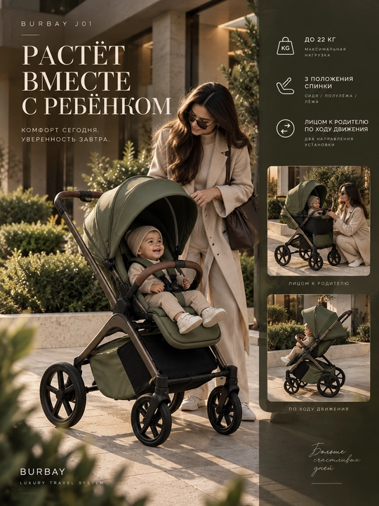 BURBAY J01 Luxury 3 in 1 bolalar aravachasi, beshik, sayr bloki va avtokreslo, 22 kg gacha