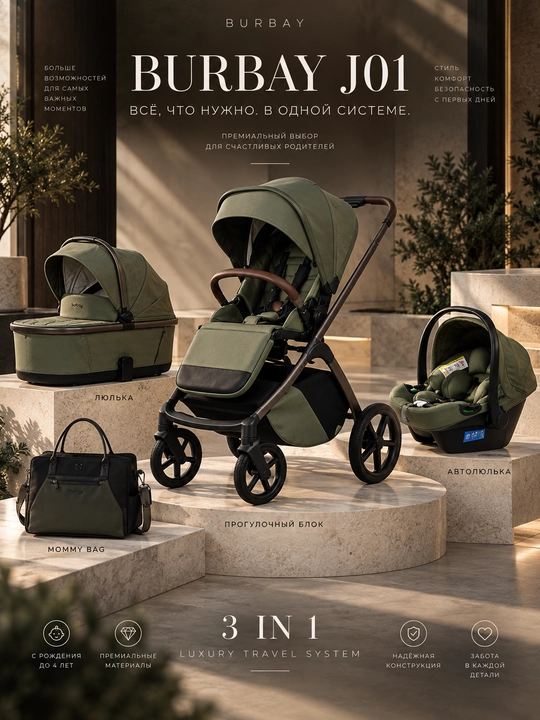 BURBAY J01 Luxury 3 in 1 bolalar aravachasi, beshik, sayr bloki va avtokreslo, 22 kg gacha