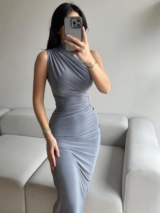 Draped ayollar uchun kechki Maxi libos, tor, yengsiz