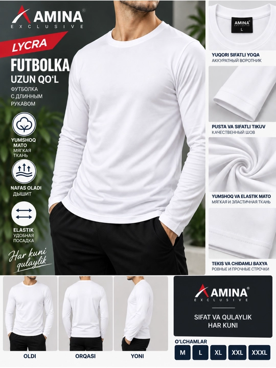 Erkaklar uchun uzun yengli futbolka, longslive, sport kiyim AMINA Exclusive, paxta va laykra