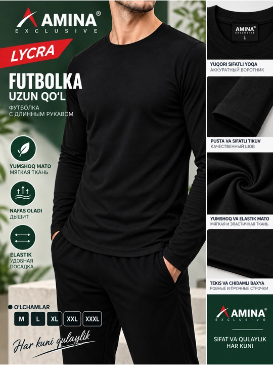 Erkaklar uchun uzun yengli futbolka, longslive, sport kiyim AMINA Exclusive, paxta va laykra
