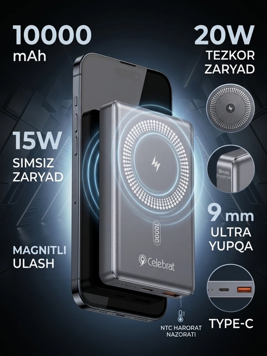 Power bank 10000 mAh, magnitli, 15W simsiz zaryad, 20W PD