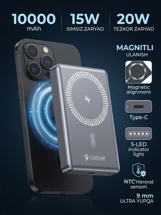Power bank 10000 mAh, magnitli, 15W simsiz zaryad, 20W PD - 